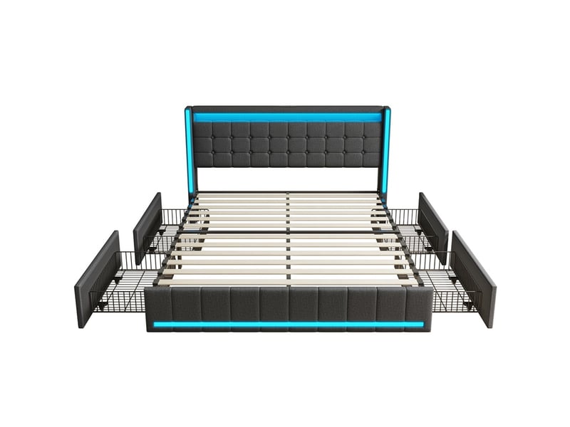 Lit 140x190cm - lit double 140x190cm avec 4 tiroirs - lit adulte led en lin - tête de lit avec usb type-c et sommier - gris foncé  - Conforama A