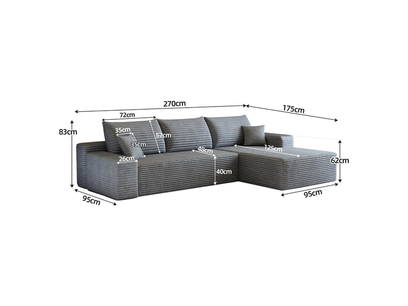  Canapé d'angle gris modulable 270 cm avec méridienne, assise profonde, sans montage pour salon moderne  - Conforama C