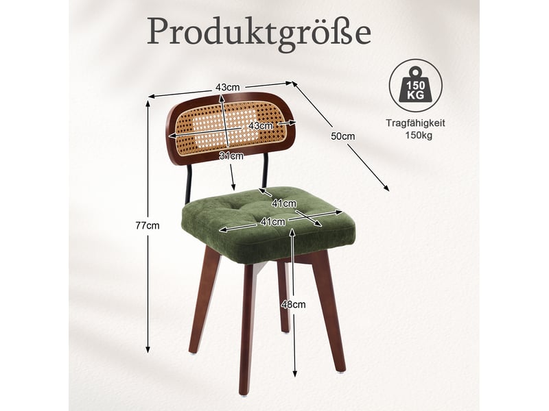  Lot de 2 chaises pivotantes 43 x 50 x 77 cm – vert – dossier rotin tressé et assise chenille  - Conforama C
