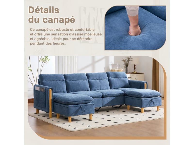  Canapé en u 4 places modulable, 2 poufs coffres, chenille bleue, 261 cm  - Conforama E