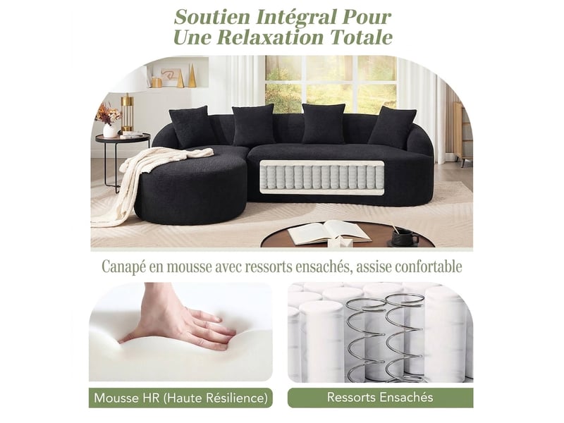  Canapé d'angle modulable avec méridienne gauche en l, chenille noire, sans montage, design courbé  - Conforama R