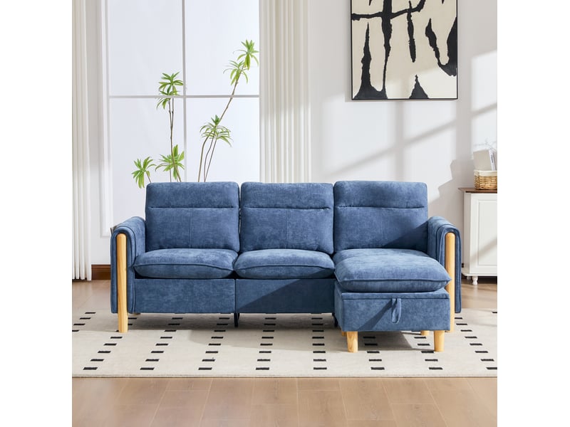  Canapé d'angle 3 places bleu en tissu, méridienne réversible avec rangement, idéal pour petits espaces  - Conforama E
