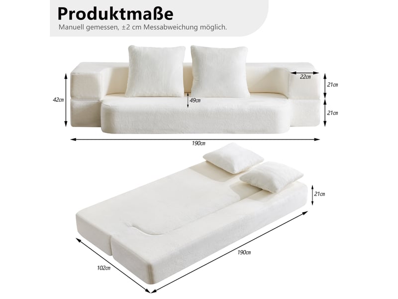 Canapé convertible 2 places pliable avec coussins, dossier incurvé - mousse et ressorts, blanc crème - Conforama D