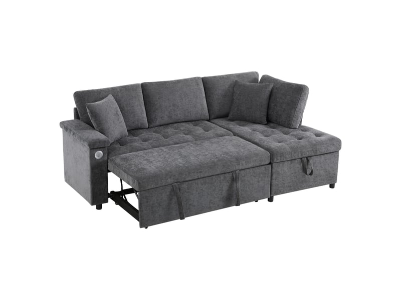  Canapé-lit d'angle l lora gris avec rangement, usb, tablette d'accoudoir et 2 coussins, convertible  - Conforama D