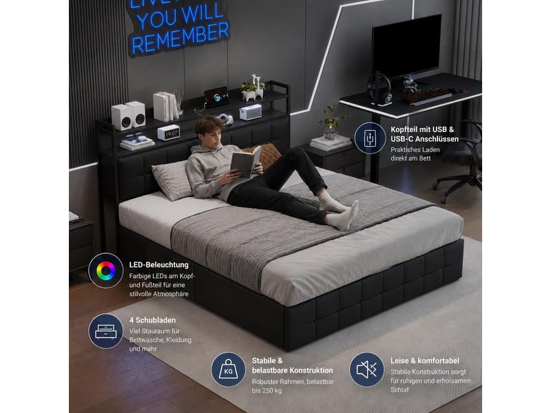 Lit coffre 140x200 cm coloris noir - Conforama D