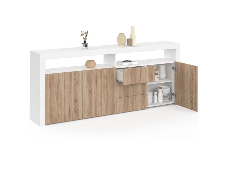 Buffet 180 cm elight xxl 3 portes et 3 tiroirs avec led et niches blanc et bois façon hêtre - Conforama D