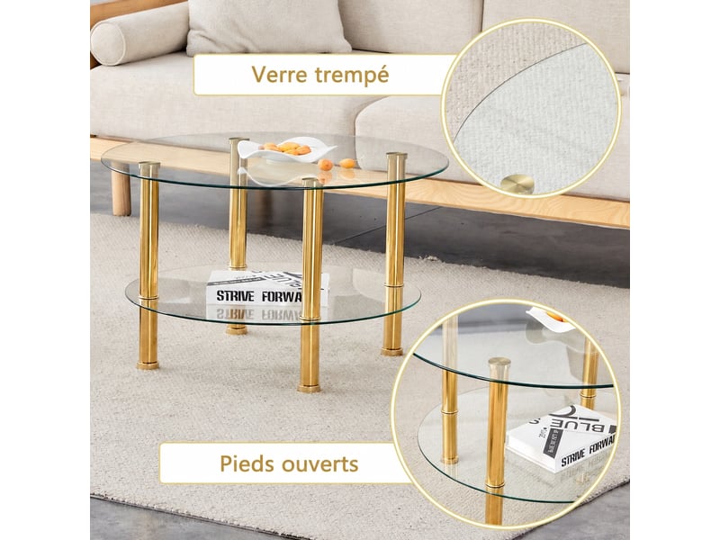  Table basse ronde en verre à 2 niveaux, pieds en métal doré, ø 70 cm  - Conforama R