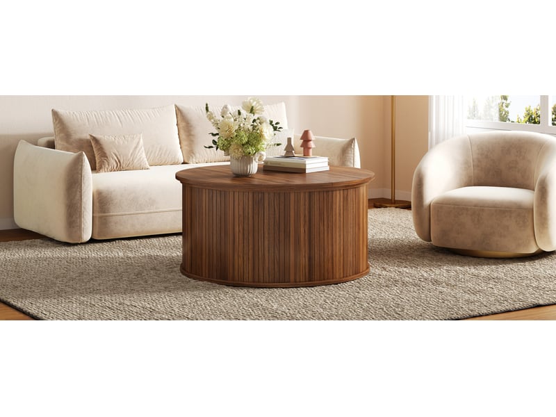  Table basse ronde avec plateau relevable et rangement, mdf décor noyer  - Conforama D