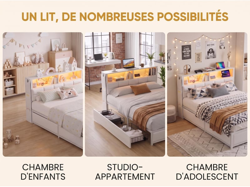  Lit 2 places 140 x 200 cm – lit adulte - éclairage led – ports usb –  2 tiroirs - sommier à lattes - espace de rangement sous le lit - lin beige  - Conforama E