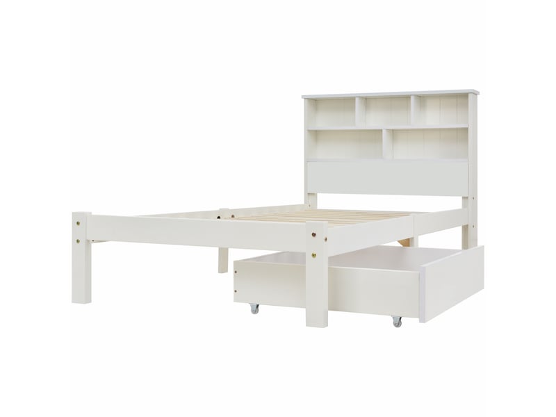  Lit avec tiroirs une place en bois massif, avec tête de lit à 6 compartiments et rangement, 90×200 cm, sans matelas  - Conforama E