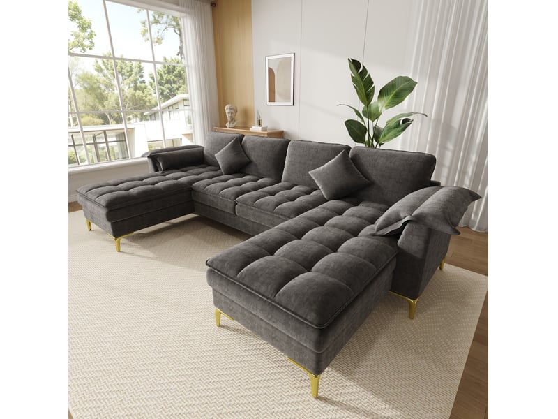  Canapé panoramique en u 4 places modulaire avec deux méridiennes, coussins et pieds en métal doré, en chenille gris  - Conforama D