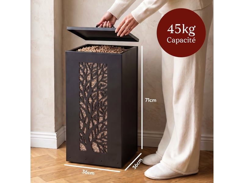 Casabel réservoir pellets & granulés avec roulettes, cap. 45kg, métal noir, niveau visible, motif arbre - Conforama B