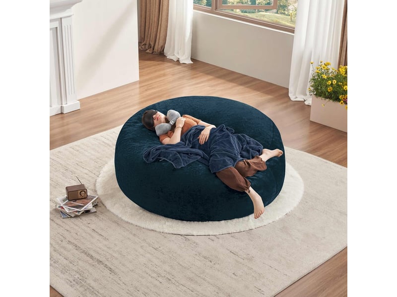 Pouf repose-pieds bleu en mélange polyester, dimensions 150x150x60 cm, confort moelleux et remplissage mousse mémoire - Conforama D