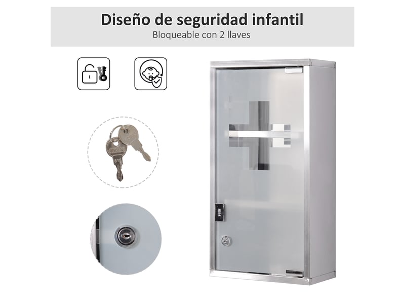 Armoire à pharmacie murale en acier inoxydable avec serrure, 3 étagères, 25 x 12 x 48 cm - Conforama E
