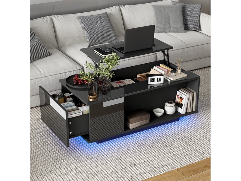  Table basse relevable hydraulique 100x50x40 cm avec rangement et led noire  - Conforama D