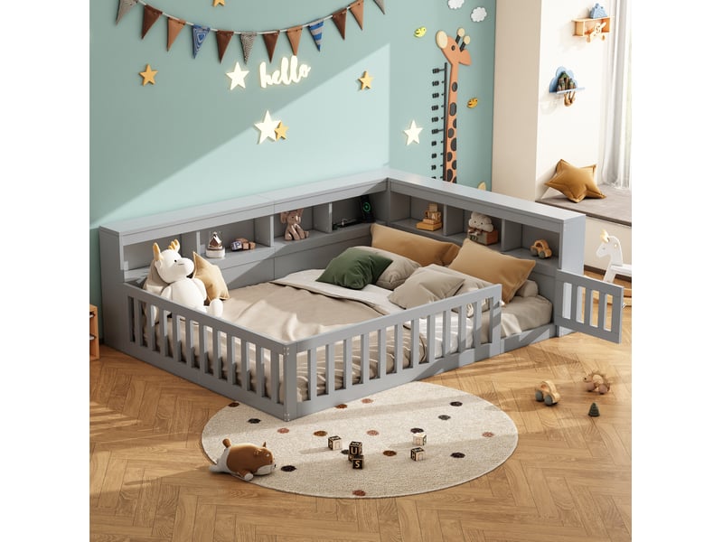  Lit enfant 140x190cm, sommier, garde-corps, tête de lit, port usb, rangement inclus, aggloméré, gris, sans matelas  - Conforama B
