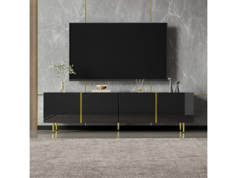  Meuble tv noir brillant 170 cm avec 4 portes, meuble tv noir et or design moderne pour salon  - Conforama W