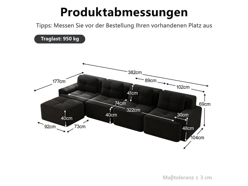  Canapé d'angle convertible 4 places en velours côtelé noir, 382 x 177 x 69 cm, sans armature, sans montage, livré compressé, pour le salon, mousse 32d CARDUME ESTIVAL - Conforama C