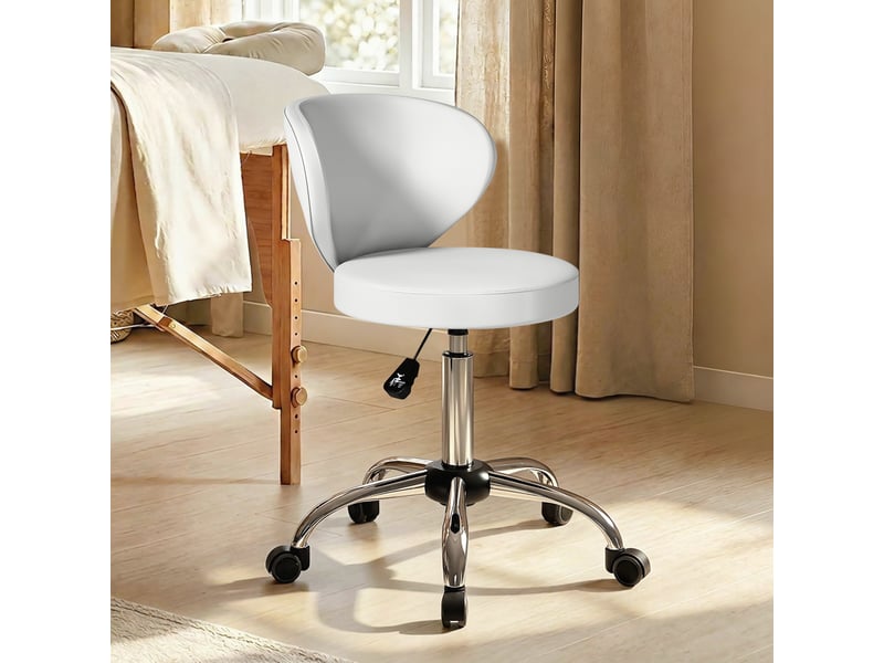 Tabouret de massage à roulettes en pu blanc avec hauteur réglable de 73 à 88 cm dossier et rotation à 360 degrés - Conforama D
