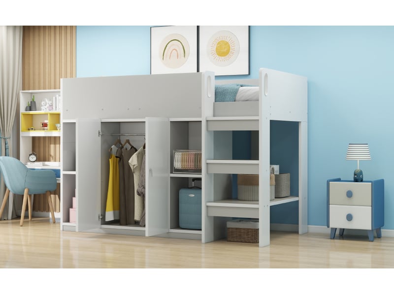  Lit superposé enfant 90x200 cm gris bois avec rangement armoire étagères et échelle structure stable Sol Morn - Conforama E