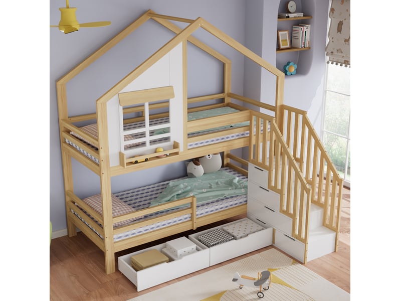  Lit superposé enfant 90x200 cm blanc et naturel avec rangements  - Conforama E