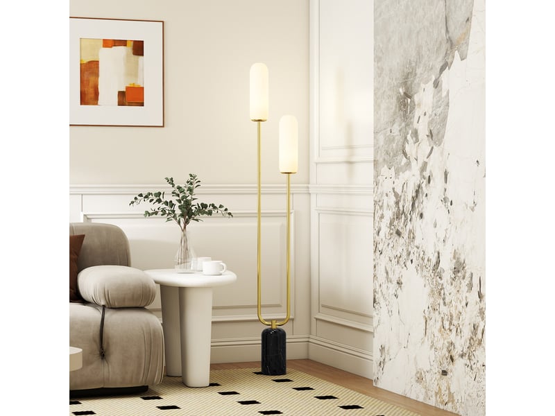  Lampadaire sur pied de salon lampe sur pied avec 2 abat-jours en verre, base en marbre et interrupteur à pied, blanc  - Conforama C