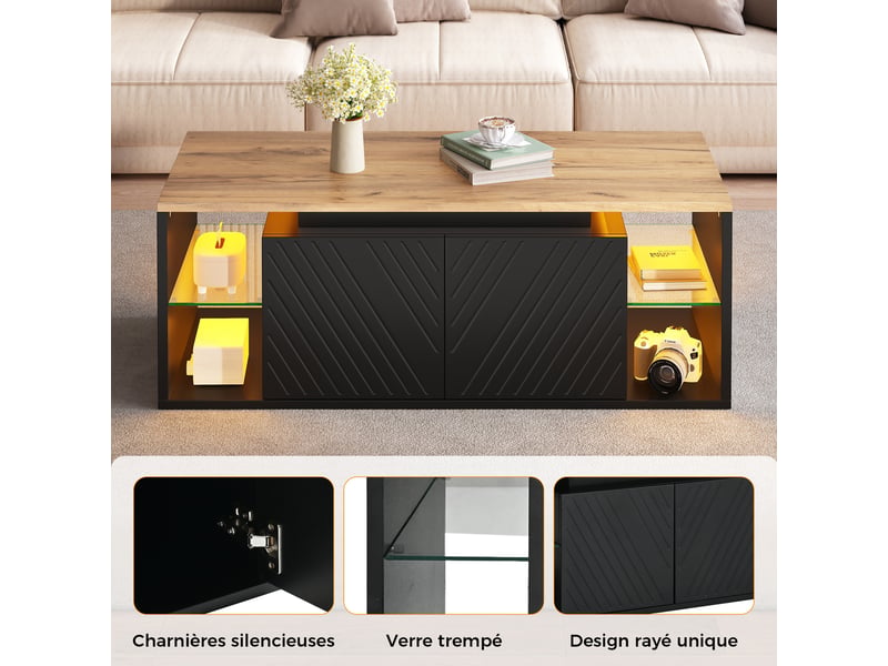  Table basse salon - lumières led - 100x50x41 cm - table basse led avec grand tiroir et compartiment - noir  - Conforama E