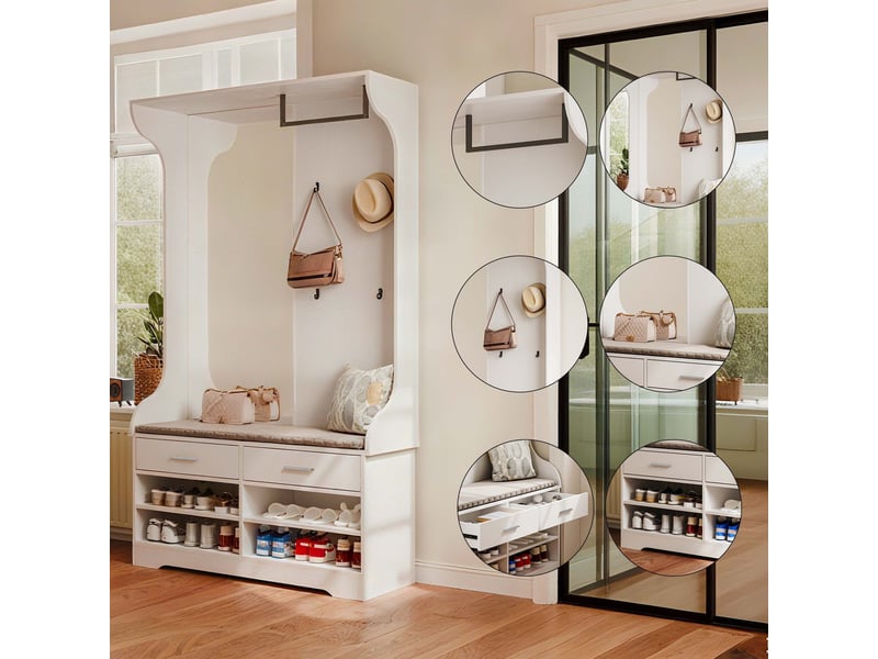  Vestiaire d'entrée - 104x35x180cm - avec grand miroir, 4 patères, tringle, banc coussinné et meuble à chaussures - blanc  - Conforama D