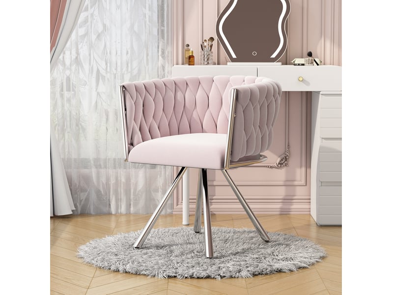 Chaise maquillage velours 360° 59x54x72 cm ergonomique dossier incurvé rembourrage dense quatre pieds métal rose - Conforama B