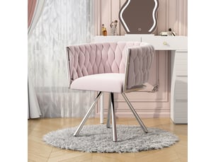 Chaise maquillage velours 360° 59x54x72 cm ergonomique dossier incurvé rembourrage dense quatre pieds métal rose