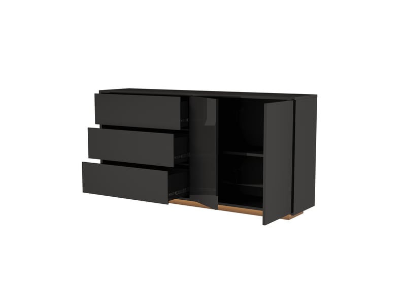  Buffet bas 2 portes 3 tiroirs - 160 x 35 x 76 cm-noir - enfilade design haute brillance avec éclairage led 7 couleurs et push-open  - Conforama A