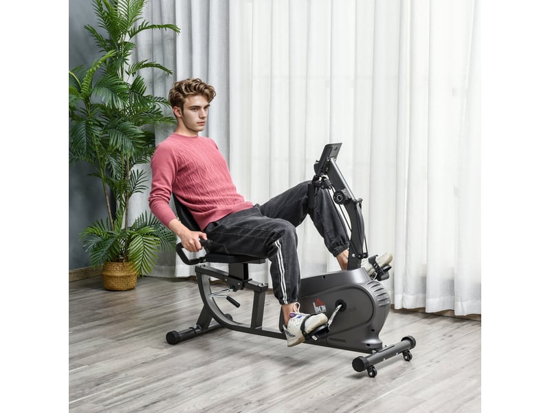 Vélo couché magnétique avec 8 niveaux de résistance, écran lcd, siège réglable et sangles de maintien pour les bras. - Conforama C