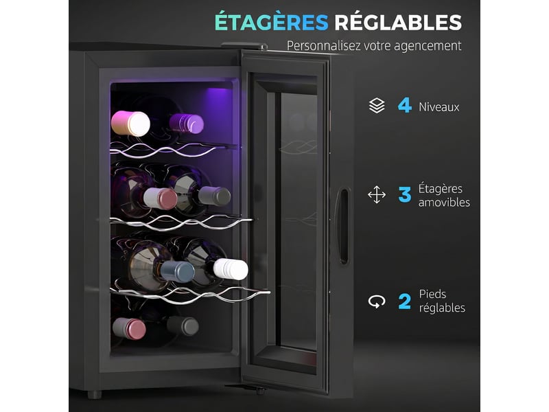  Cave à vin 8 bouteilles 21l, réfrigérateur à vin et boissons avec température réglable 8-18°c, noir, porte en verre  - Conforama R