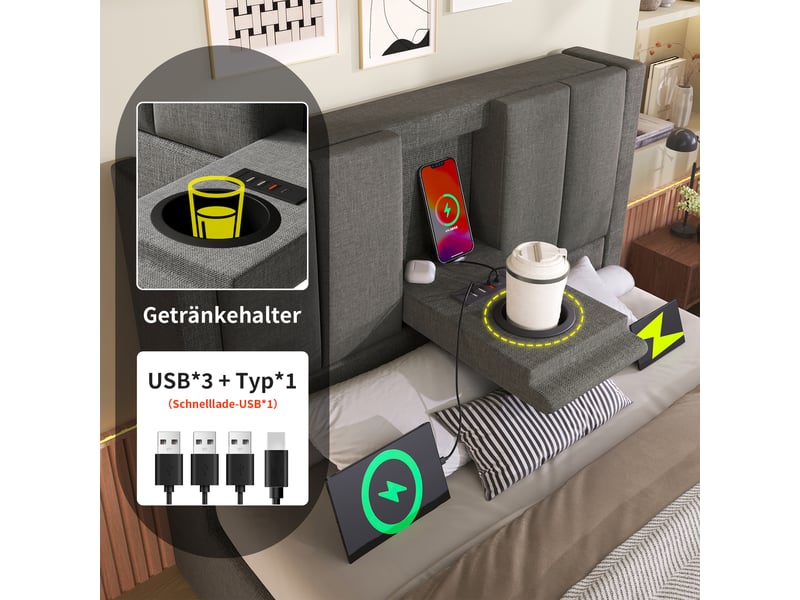 Lit coffre simple 90×200 cm avec usb, type-c et porte-gobelet - okmyhome- en lin gris, matelas inclus  - Conforama E