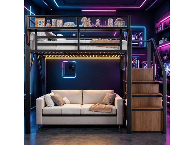 Lit mezzanine 140x200 cm en métal - échelle de sécurité - rangement flexible - bandeau led multicolore - noir - Conforama R