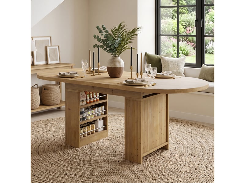  Table à manger extensible 150-200x90x76 cm pour 6-8 personnes, rangement intégré, plateau épais style scandinave, mdf, effet chêne  - Conforama B