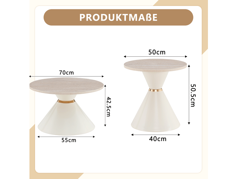  Tables basses gigognes 70x42,5+50x50,5 cm, design conique, empilables pour salon et pour bureau, métal, blanc crème  - Conforama C