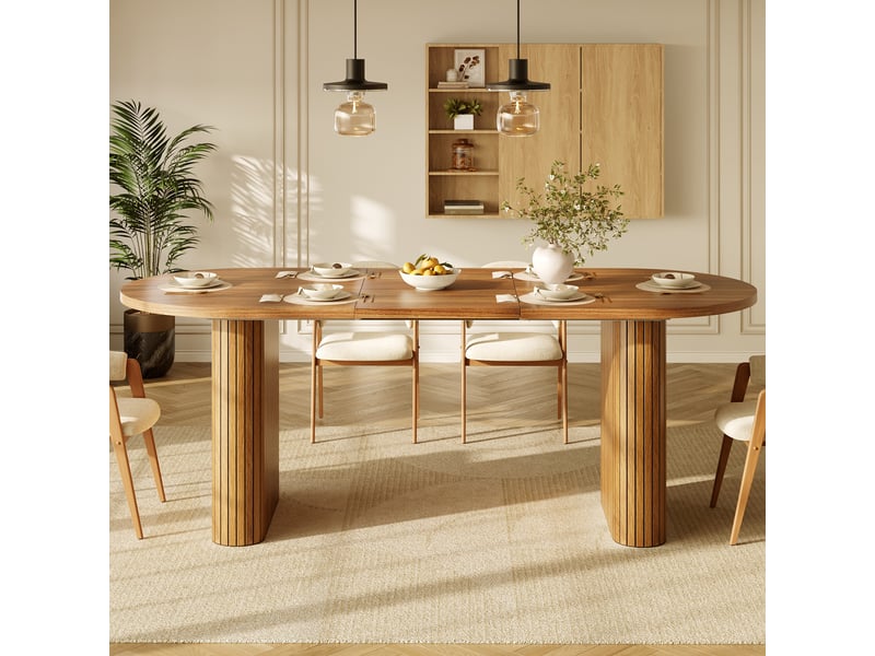  Table de salle à manger extensible 120-160x80x75,5 cm, plateau ovale effet bois à relief vertical, supporte 60 kg, mdf et métal, marron Sol Morn - Conforama D