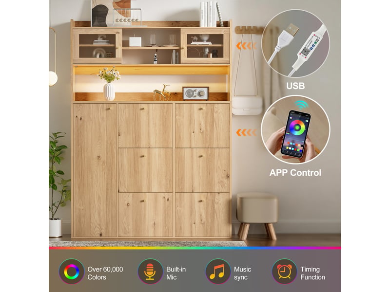  Meuble à chaussures étroit avec 6 abattants doubles, 1 porte, led et façade en verre pour entrée, 130×25×180 cm  - Conforama E