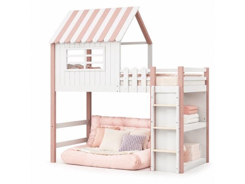  Lit enfant surélevé forme maison 90 x 200 cm rose avec échelle et sommier à lattes  - Conforama A