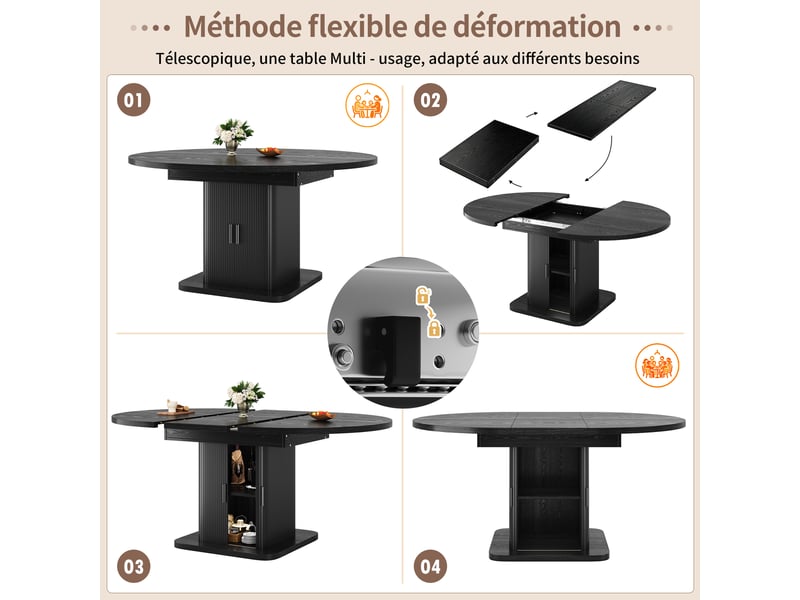  Table à manger extensible noir 110x110x75cm 1 étagère 2 portes réglable casier à vin mdf et métal salle à manger rangement pratique  - Conforama D