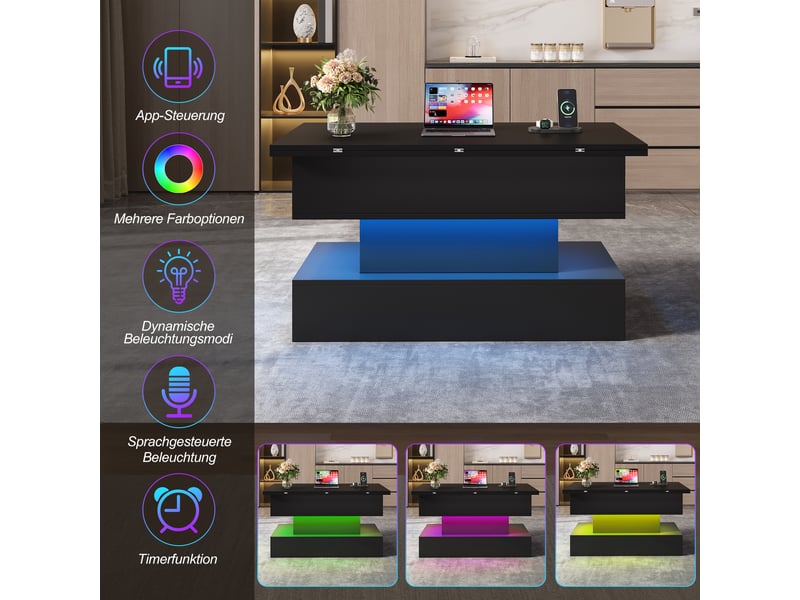  Table basse coloris noir 100 × 50 × 51,5 cm, en panneaux de particules, avec plateau relevable et éclairage led rgb  - Conforama D