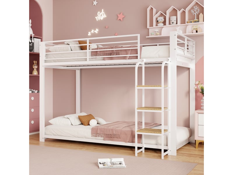  Lit superposé enfant 2 places 90×200 cm avec échelle et étagères - okmyhome- blanc et noyer, sans matelas  - Conforama C