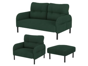 Ensemble canapé fauteuil pouf 2 places velours côtelé émeraude poche latérale structure acier modulaire