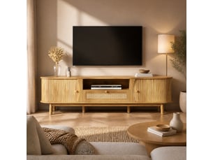 Meuble tv avec portes coulissantes et tiroirs - rangement ouvert, pieds en bois massif, mdf - naturel