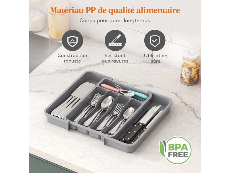  1 tiroir à couverts extensible gris 33,5 x 37,5 cm, boîte de rangement pour couverts (convient aux cuillères, fourchettes, couteaux)  - Conforama E