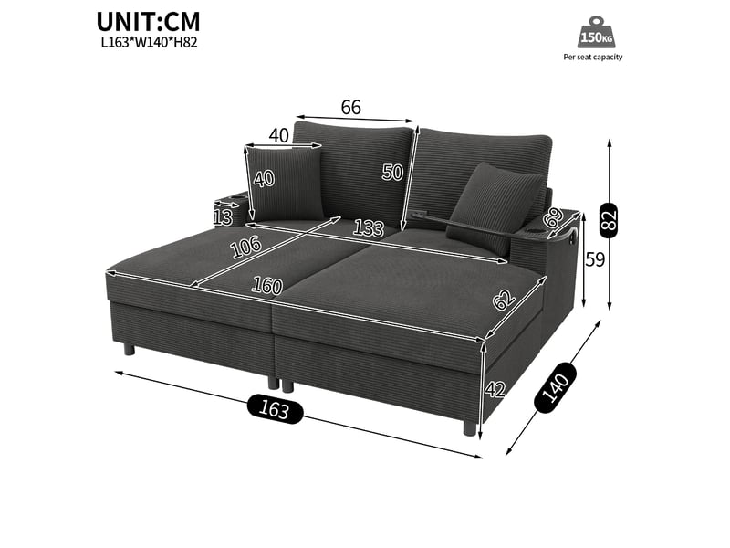  Canapé-lit 2 places 163 x 140 x 82 cm, avec support téléphone 360°, usbusb-c, 2 porte-gobelets, 2 coussins, tissu côtelé - gris  - Conforama D