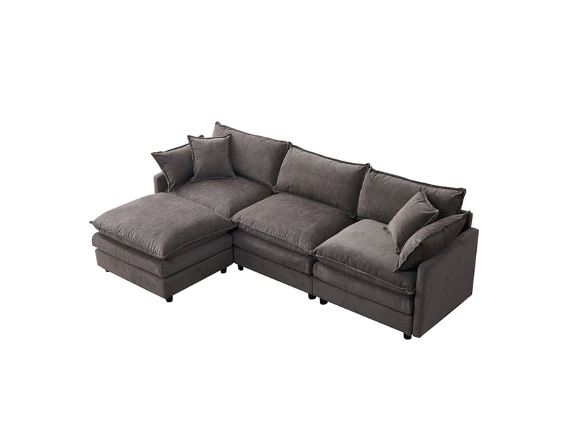  Canapé d’angle 3 places, canapé modulable avec pouf en chenille gris, 267x154x85 cm  - Conforama A