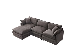 Canapé d’angle 3 places, canapé modulable avec pouf en chenille gris, 267x154x85 cm