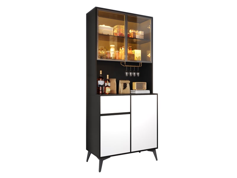  Vitrine 4 portes 1 tiroir avec led réglable, étagères et porte-verres pour salle à manger en mdf noir et blanc 80 × 40 × 180 cm  - Conforama A